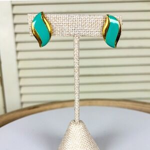Vintage Teal Green Enamel Gold Tone Wave Stud Earrings Modernist‎ Sculptural